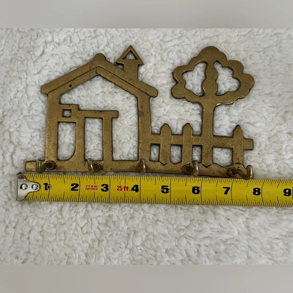 Vintage Solid Brass 5- Hook Key Holder House and Tree Wall Mount
